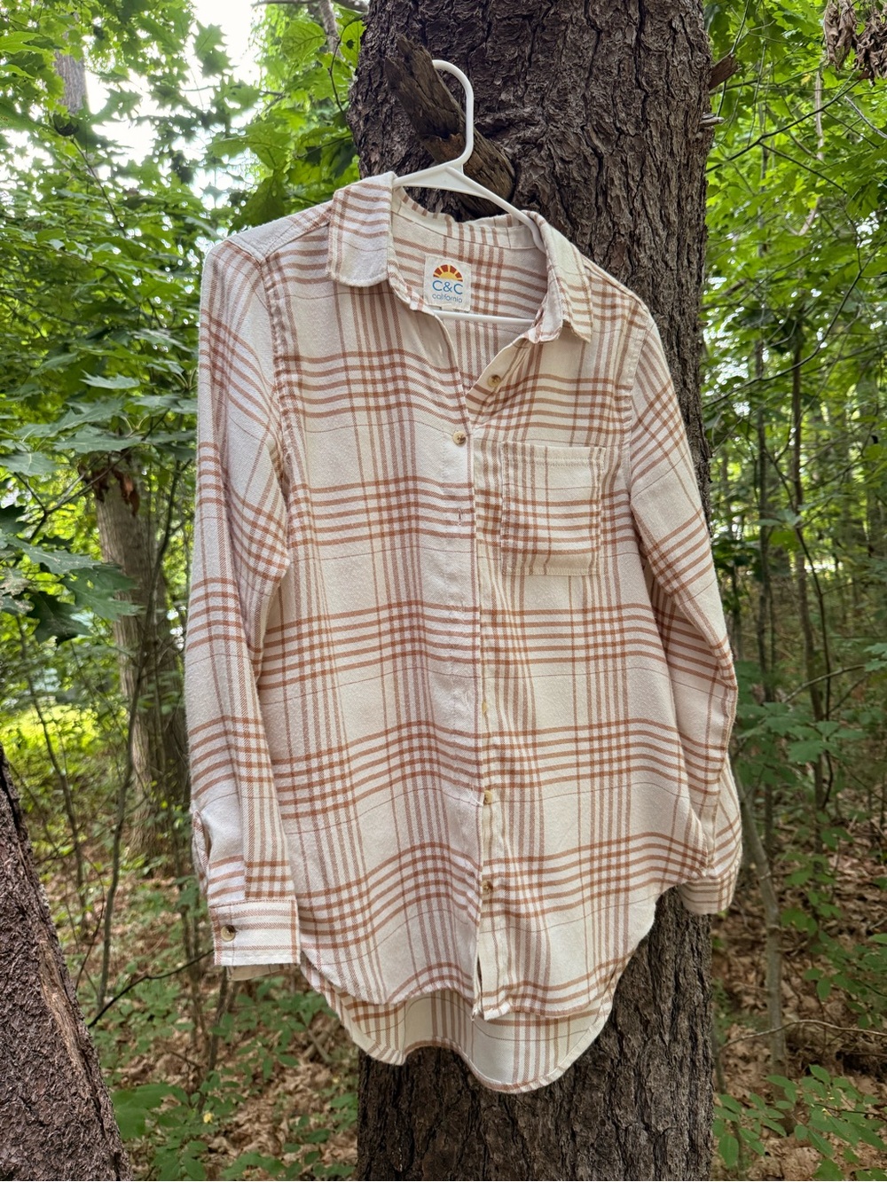 C&C California Women's Cream and Tan Plaid Button-Down Shirt